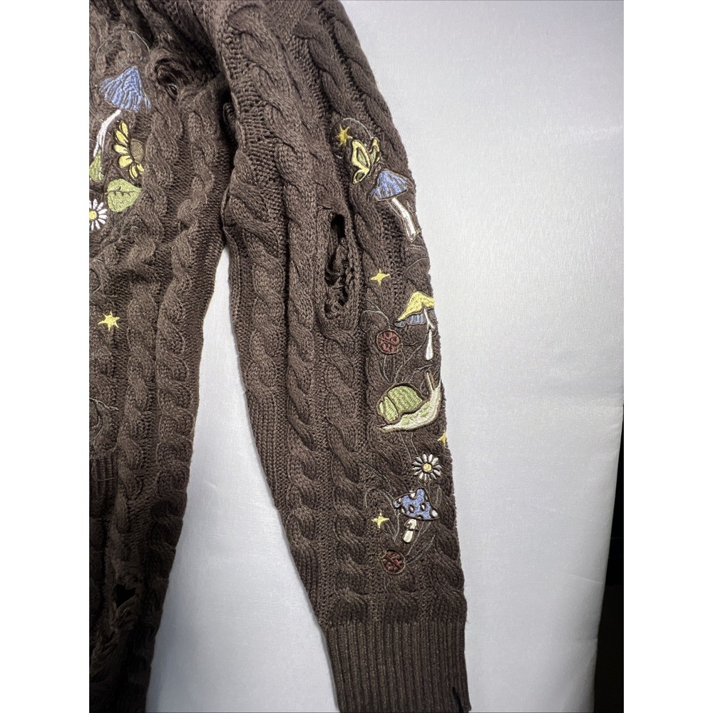 Embroidered Mushroom Frog Distressed Cardigan Sweater Large Brown BNWT Hot topic - Picture 9 of 15